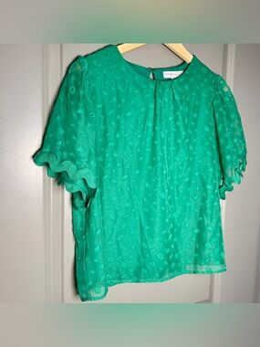 Yuni Los Angeles Textured Green Chiffon Top | L | Flutter Sleeve | Scallop Trim